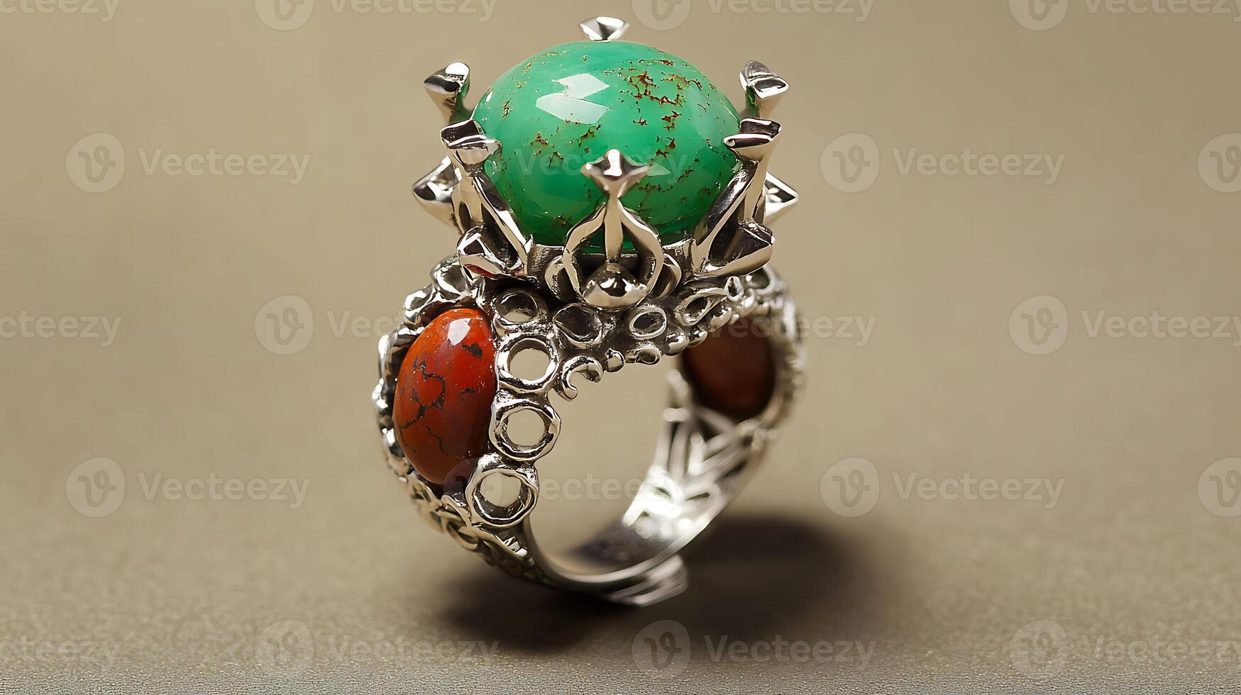 Striking chrysoprase and jasper ring with bright green chrysoprase and earthy red jasper in an intricate silver band photo