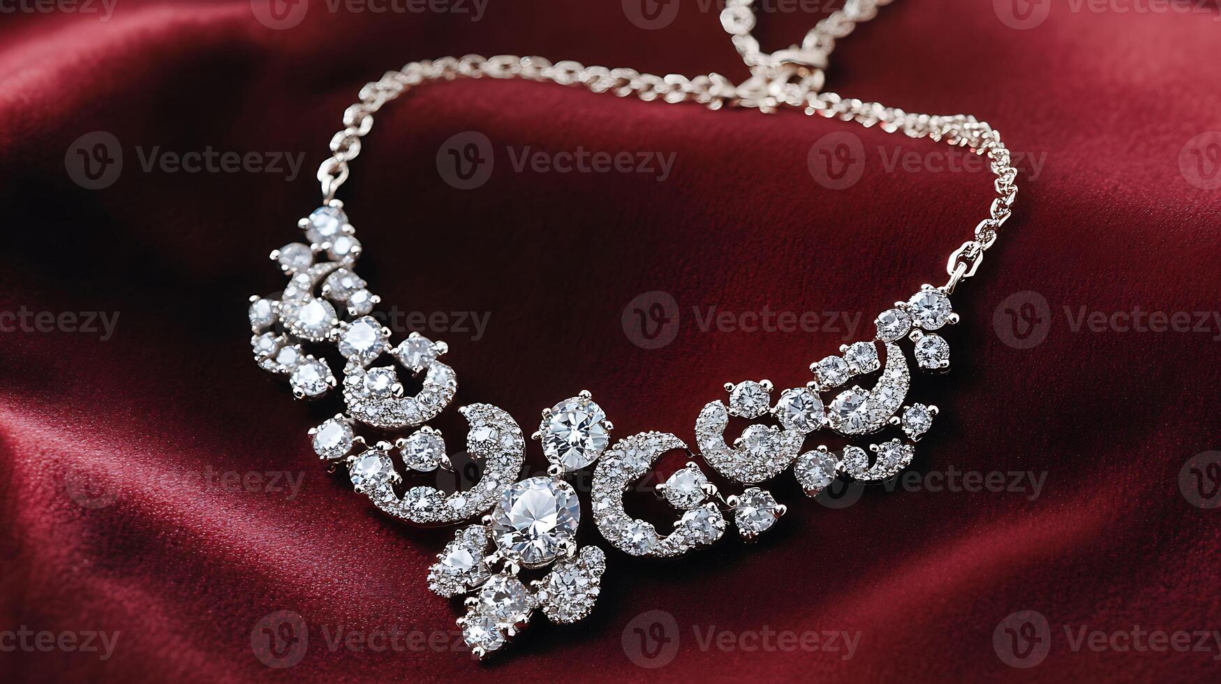 Stunning diamond necklace sparkling brilliantly against a velvet backdrop with intricate pendant design and delicate chain photo