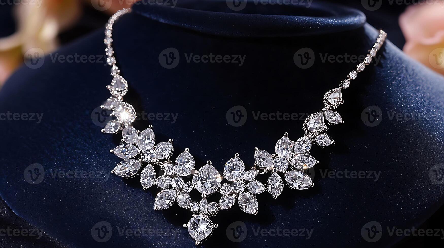 Stunning diamond necklace sparkling brilliantly against a velvet backdrop with intricate pendant design and delicate chain photo