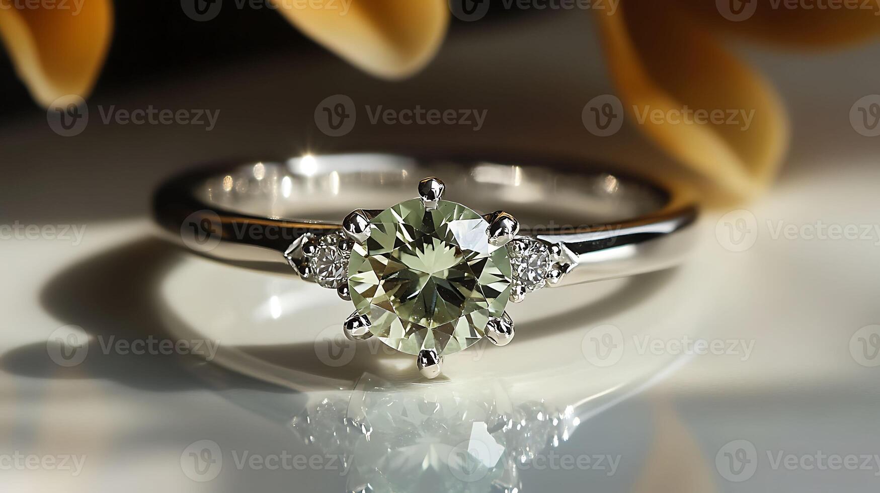 Elegant prehnite and diamond ring with light green prehnite and a brilliant diamond in a classic silver band photo