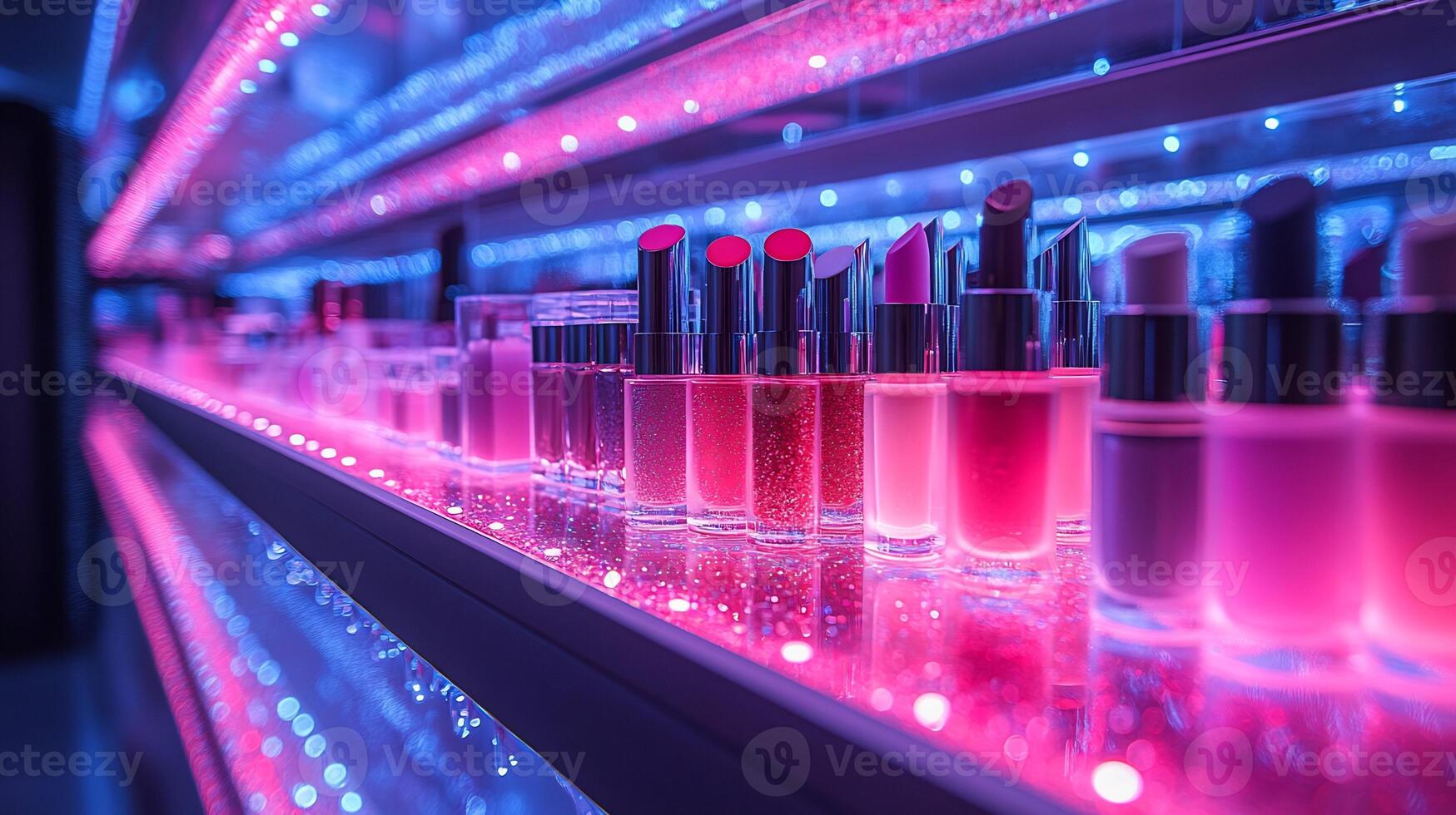 Electric Vibe Bold Neon Makeup Display Featuring Vibrant Lip Colors GlitterPacked Highlighters Glowing LED Shelves photo