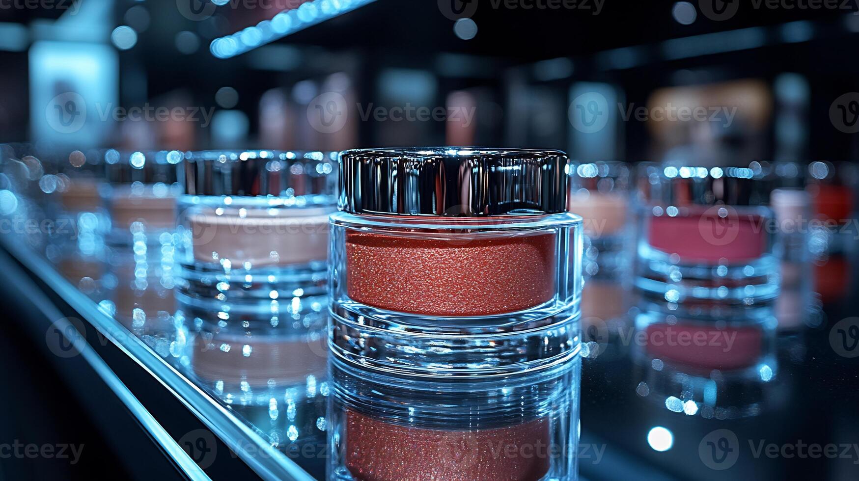 Chic Makeup display featuring bold saturated lip colors glossy highlighters silky foundation modern transparent containers on a pristine glass counter under spotlight lighting photo