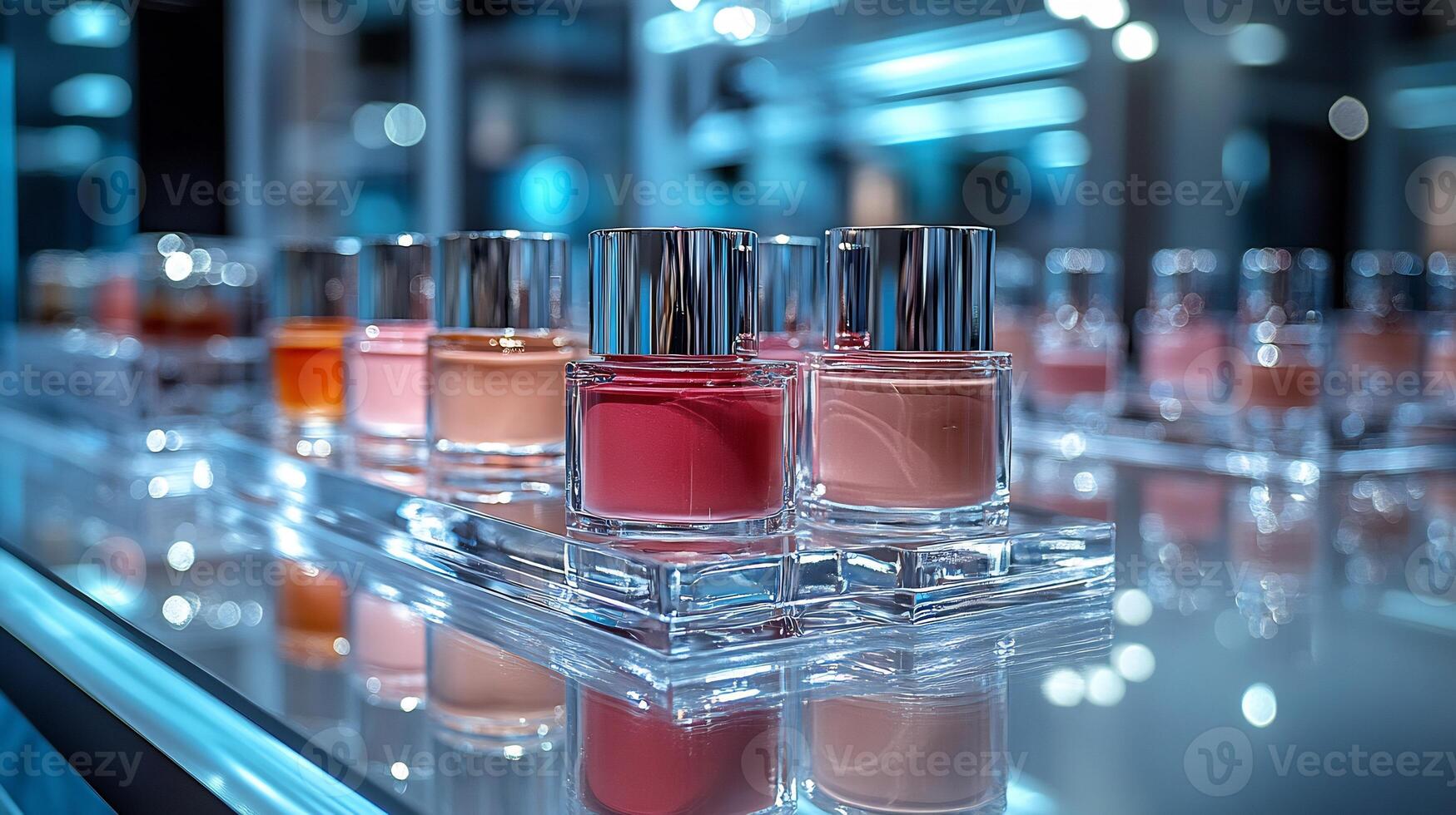 Stylish Makeup Presentation Featuring Bold Saturated Lip Colors Glossy Highlighters Silky Foundations Modern Transparent Containers on a Pristine Glass Counter Under Spotlighting photo