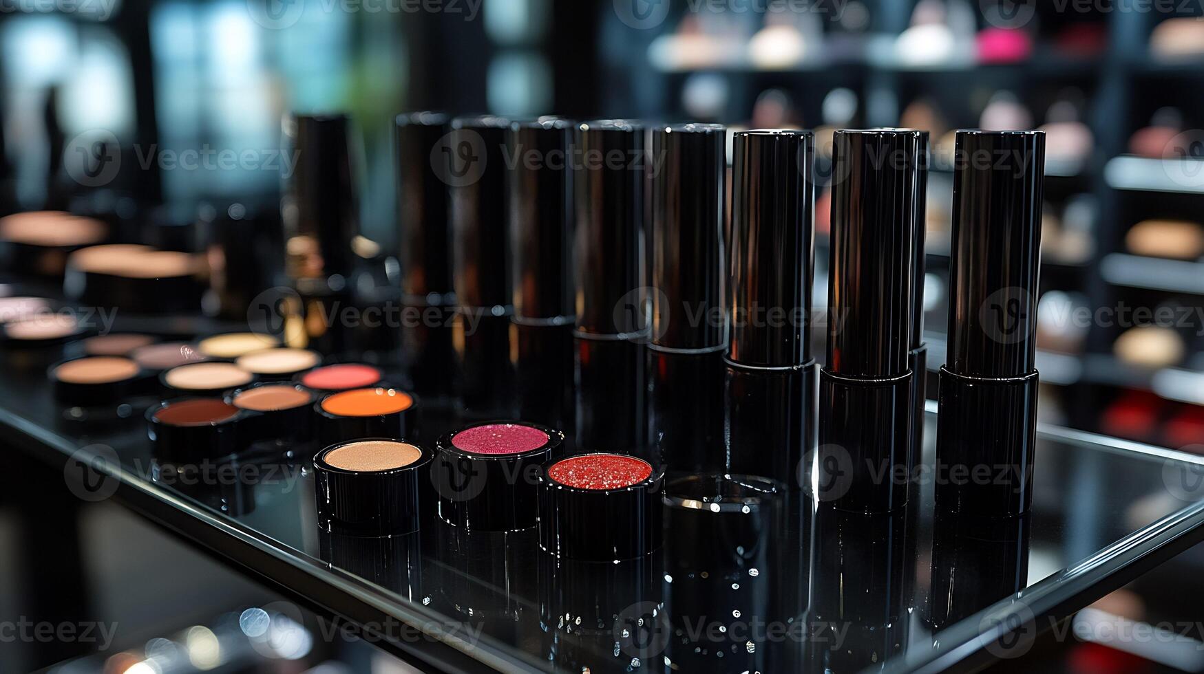 Chic Makeup display sleek black packaging featuring bold lip colors radiant highlighters smooth foundations elegantly arranged on a glass table with modern lighting to highlight each product photo