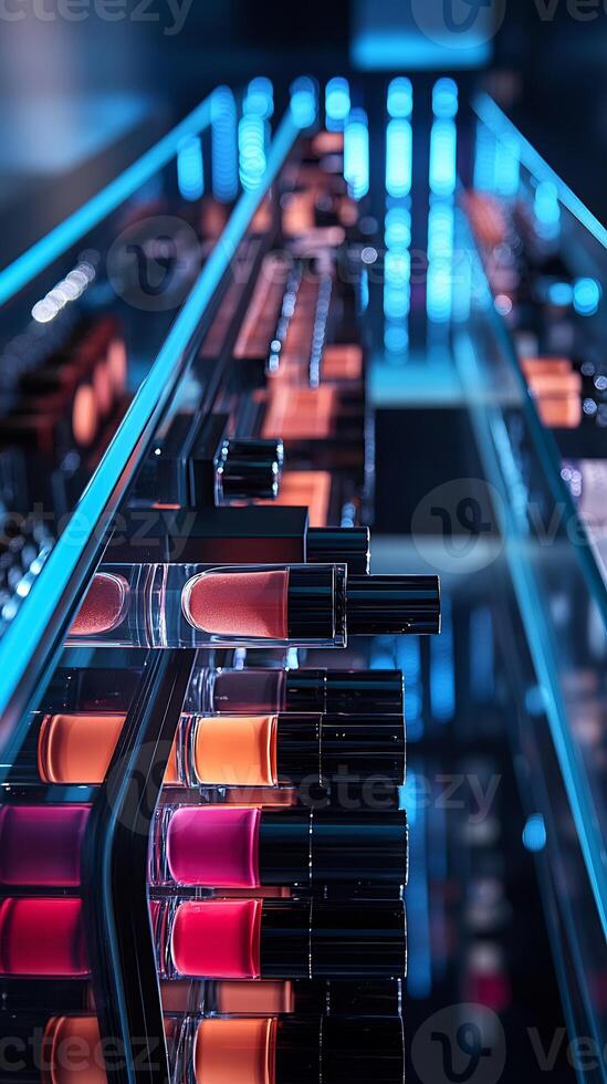 Sleek BlackThemed Makeup Arrangement Displaying Vibrant Lip Colors Radiant Highlighters Silky Foundations Elegantly Positioned a Modern Glass Surface Enhanced by Spotlighting photo