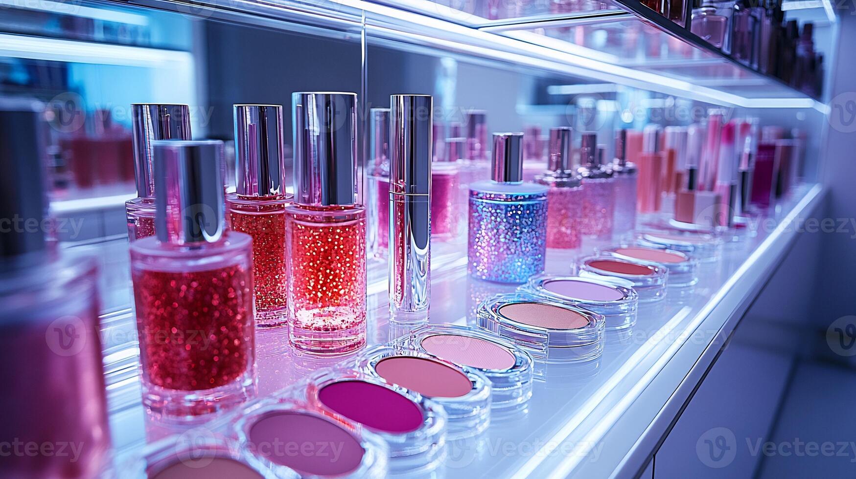 Futuristic Makeup display holographic packaging featuring metallic eyeshadows bold eyeliners glossy lipsticks arranged on geometric metal shelves with cool blue and white lighting photo