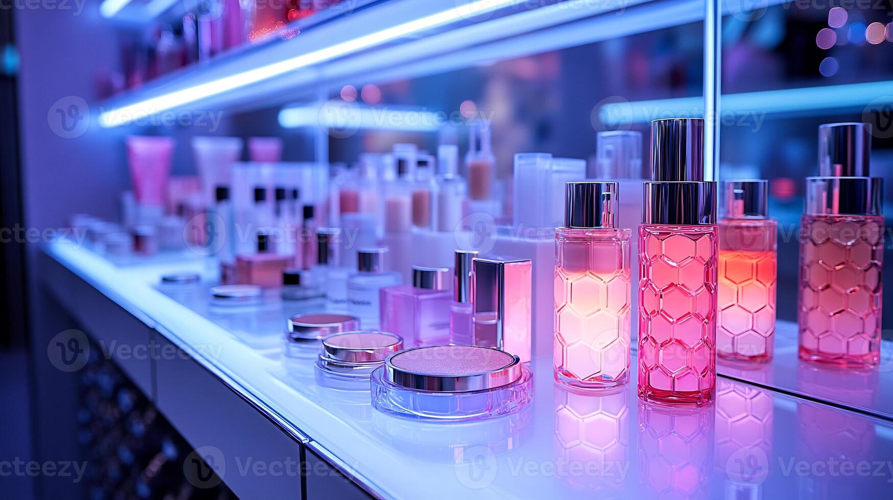 Futuristic Flair Modern Makeup Arrangement Holographic Packaging Cool Lighting Showcasing Metallic Shadows and Glossy Finishes photo