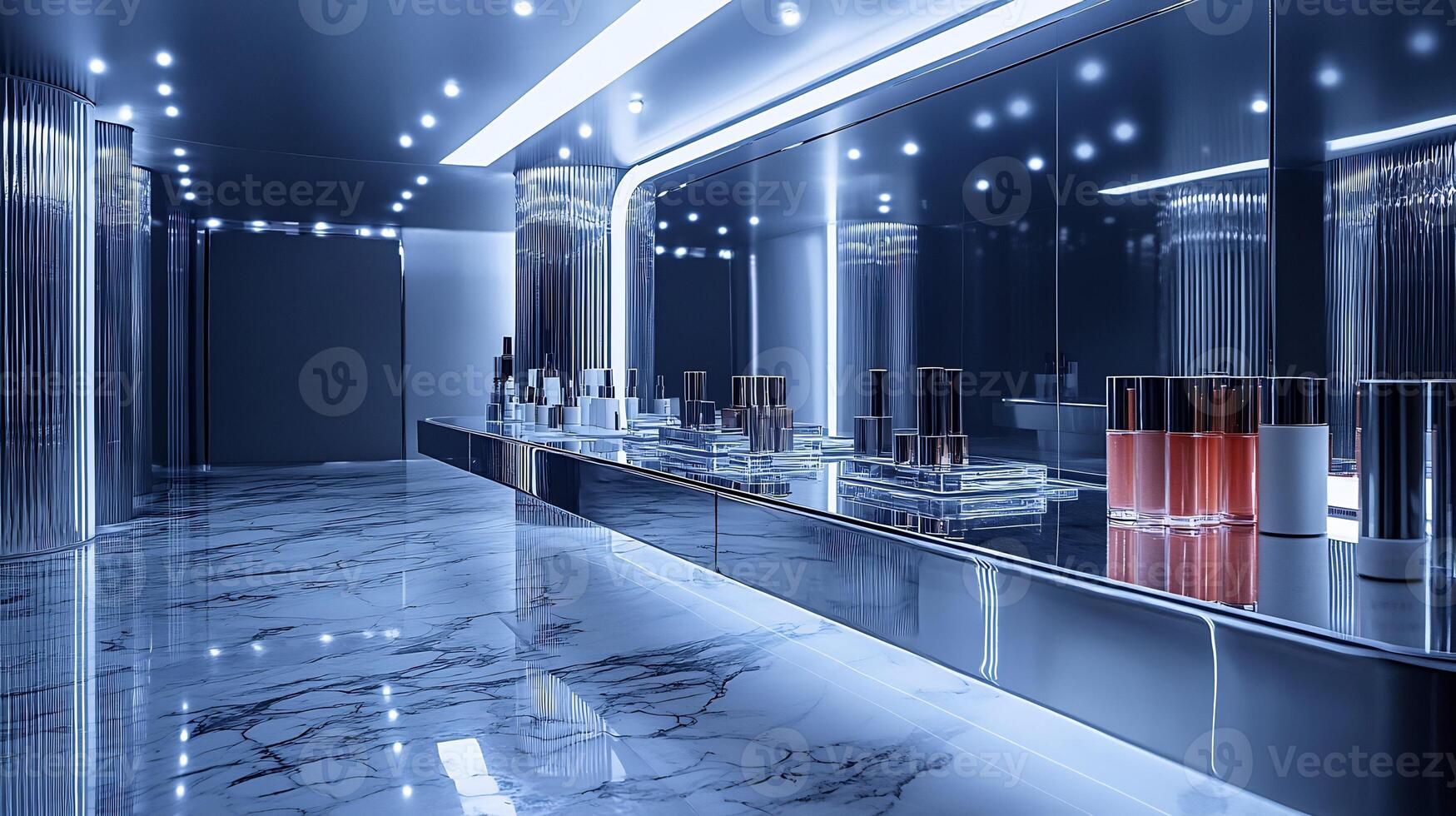 Futuristic Shine Monochrome Makeup Display Sleek Silver Packaging GlitterInfused Glosses on a HighTech Glass Counter photo