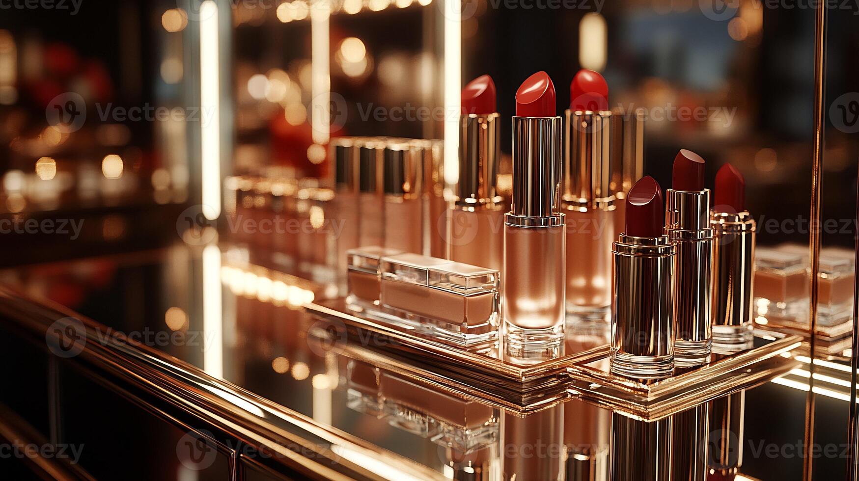 Pearlescent Luxe Opulent Makeup Display Featuring PearlInfused Highlighters Velvet Lipsticks a Mirrored Table with Ambient Gold Lighting photo