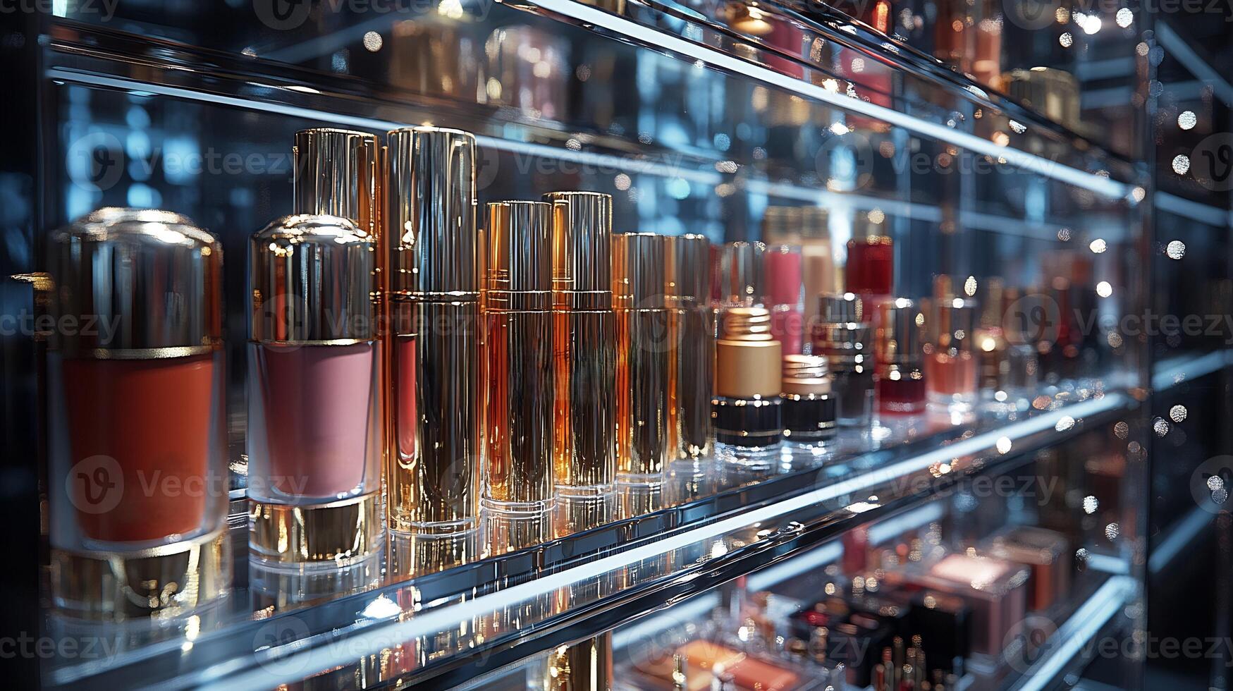 Luxurious Makeup display shimmering gold silver tones highlighting bold matte lipsticks vibrant eyeshadow palettes and elegant foundation bottles on glass shelves under soft lighting photo