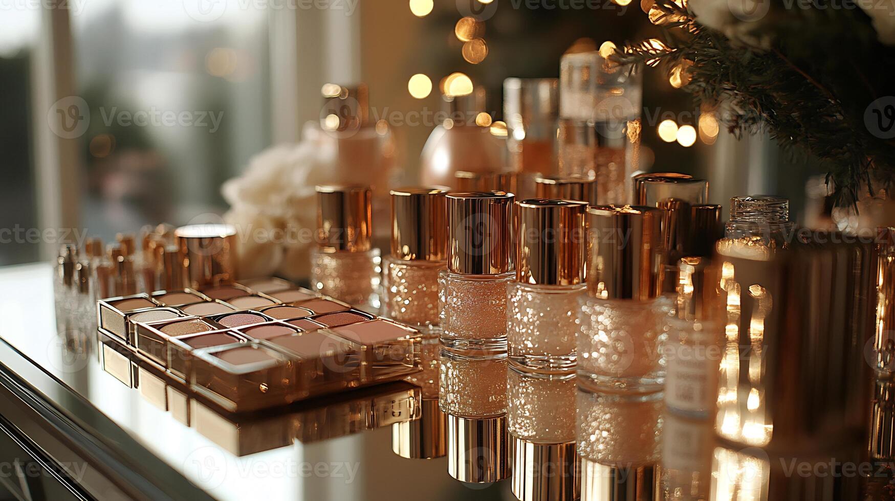 Luxurious Makeup display featuring pearlinfused highlighters velvet lipsticks shimmering powders elegantly arranged a mirrored table with ambient lighting and gold accents throughout photo