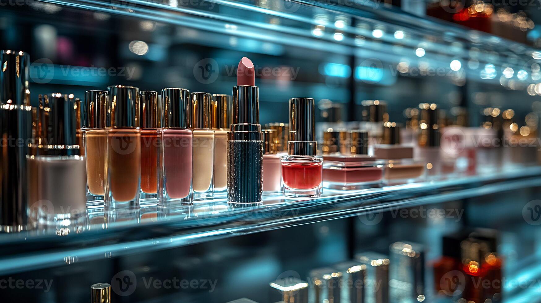 Luxurious Shine Glamorous Makeup Display Featuring Shimmering Gold Silver Products Glass Shelves Under Soft Ambient Lighting photo