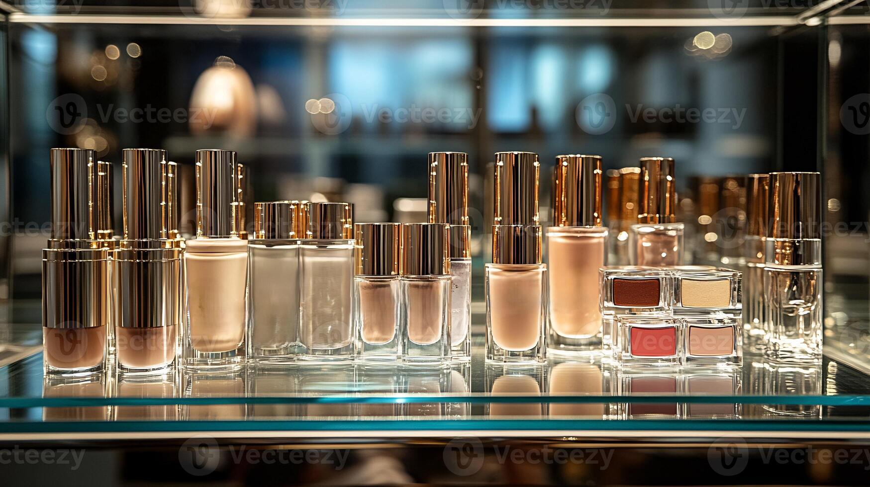Gilded Allure Luxurious Makeup Display Highlighting Shimmering Gold Silver Products Featuring Bold Matte Lipsticks Vibrant Eyeshadow Palettes on Glass Shelves photo