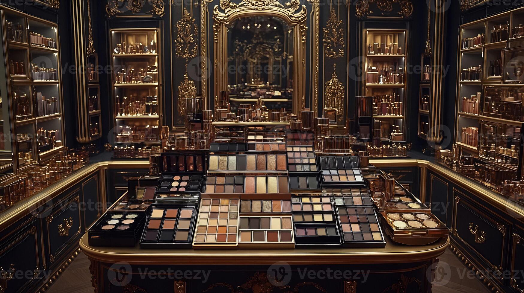 Regal Beauty Luxurious Makeup Display RoyalThemed Packaging Highlighting Deep Eyeshadow Palettes Glossy Balms on a VelvetLined Counter with Gold Accents photo