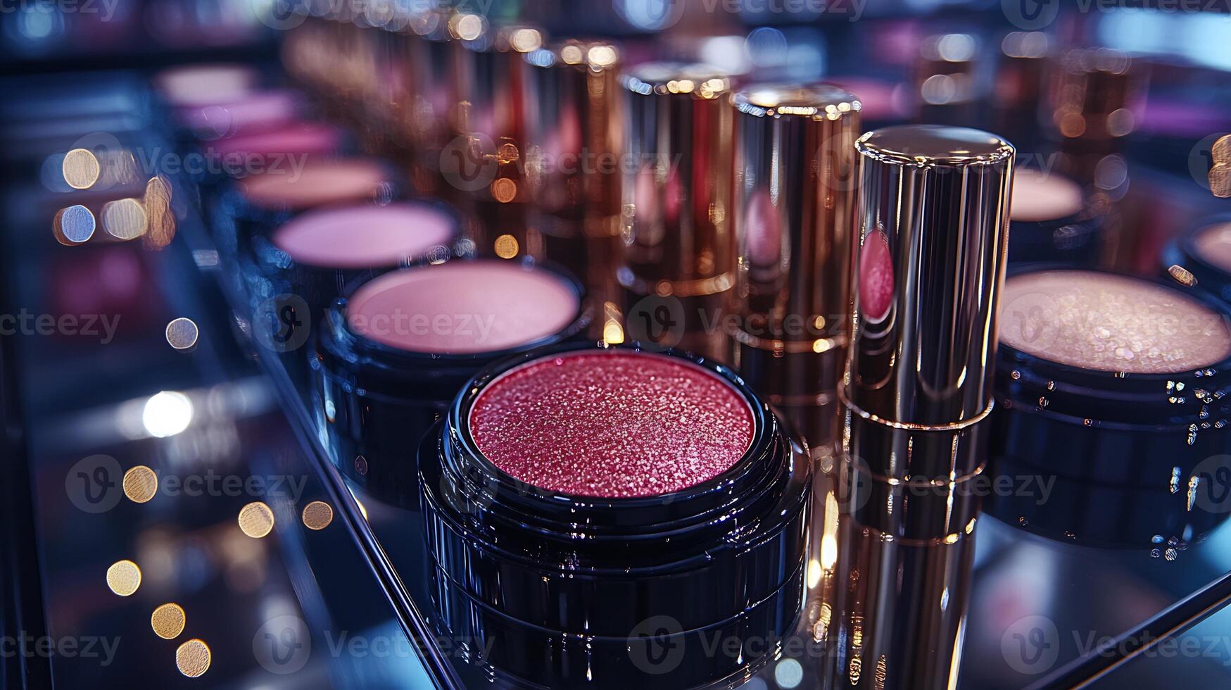 Golden GlowUp CloseUp of Rich Lipsticks Dewy Foundations a Reflective Surface with Soft Golden Lighting Enhancing Texture photo