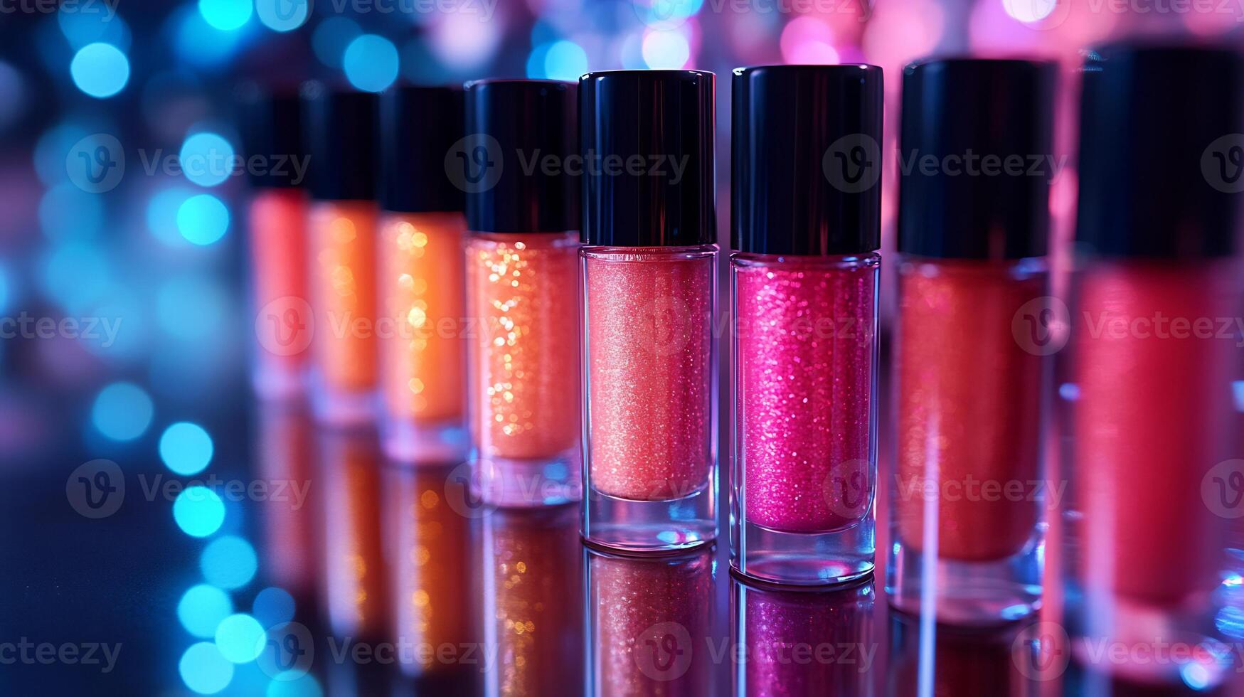 Makeup closeup display of colorful lip glosses illuminating highlighters smooth cream foundations modern geometric patterns arranged on a shiny metallic surface with soft natural lighting photo