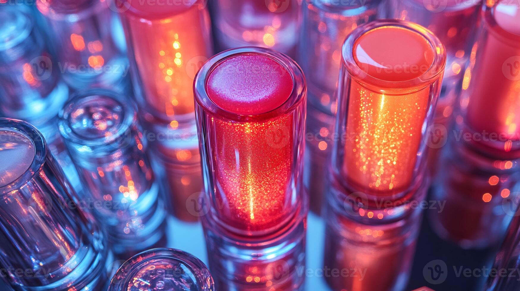 Colorful Geometry CloseUp of Lip Glosses Cream Foundations Modern Patterns on a Shiny Metallic Surface with Soft Natural Lighting photo