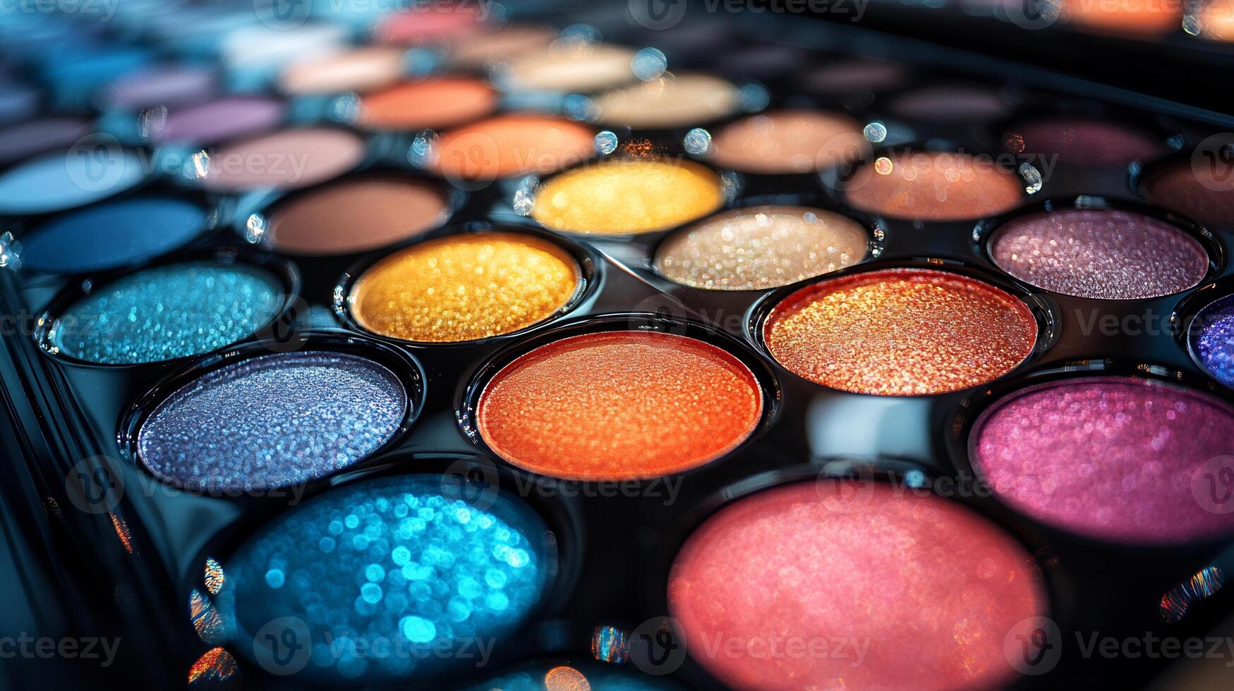 Makeup closeup display of sparkling eyeshadows bold lip glosses radiant highlighters arranged a dynamic fan pattern on a reflective glass surface with dramatic highcontrast lighting photo