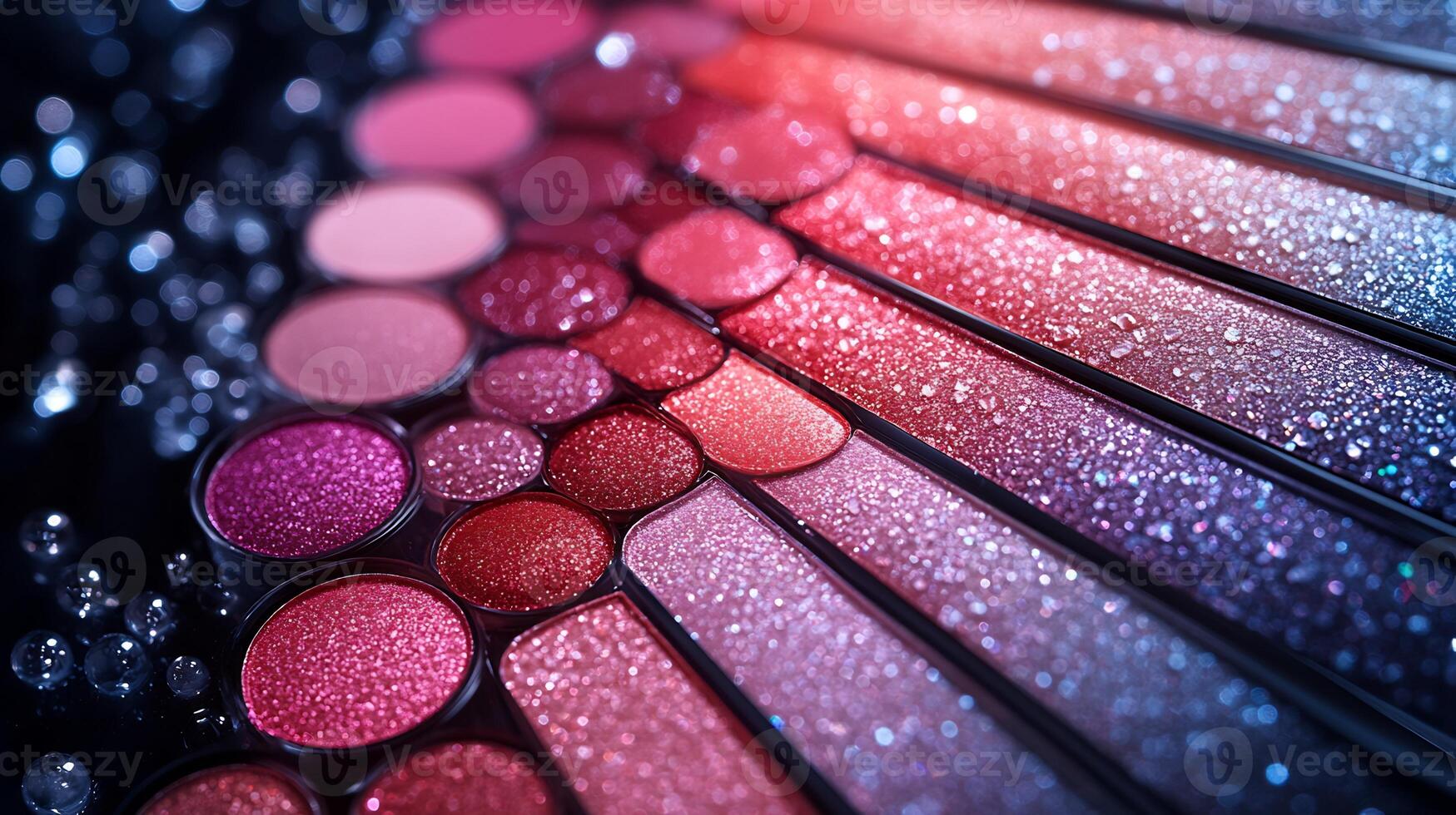 Dynamic Fan CloseUp of Sparkling Eyeshadows Bold Glosses Arranged a Flowing Fan Pattern on a Reflective Surface with Dramatic Lighting photo