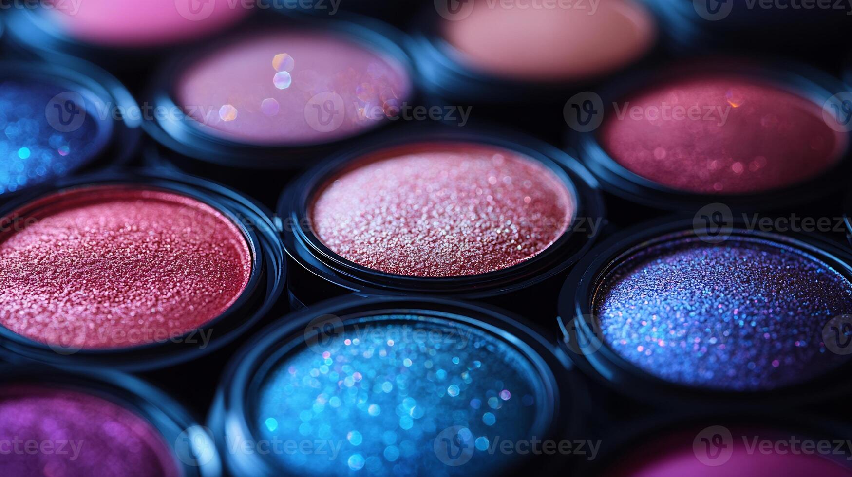 Radiant Spectrum CloseUp of Vibrant Eyeshadow Pigments Glowing Highlighters Bathed Soft Warm Lighting for a Luminous Effect photo