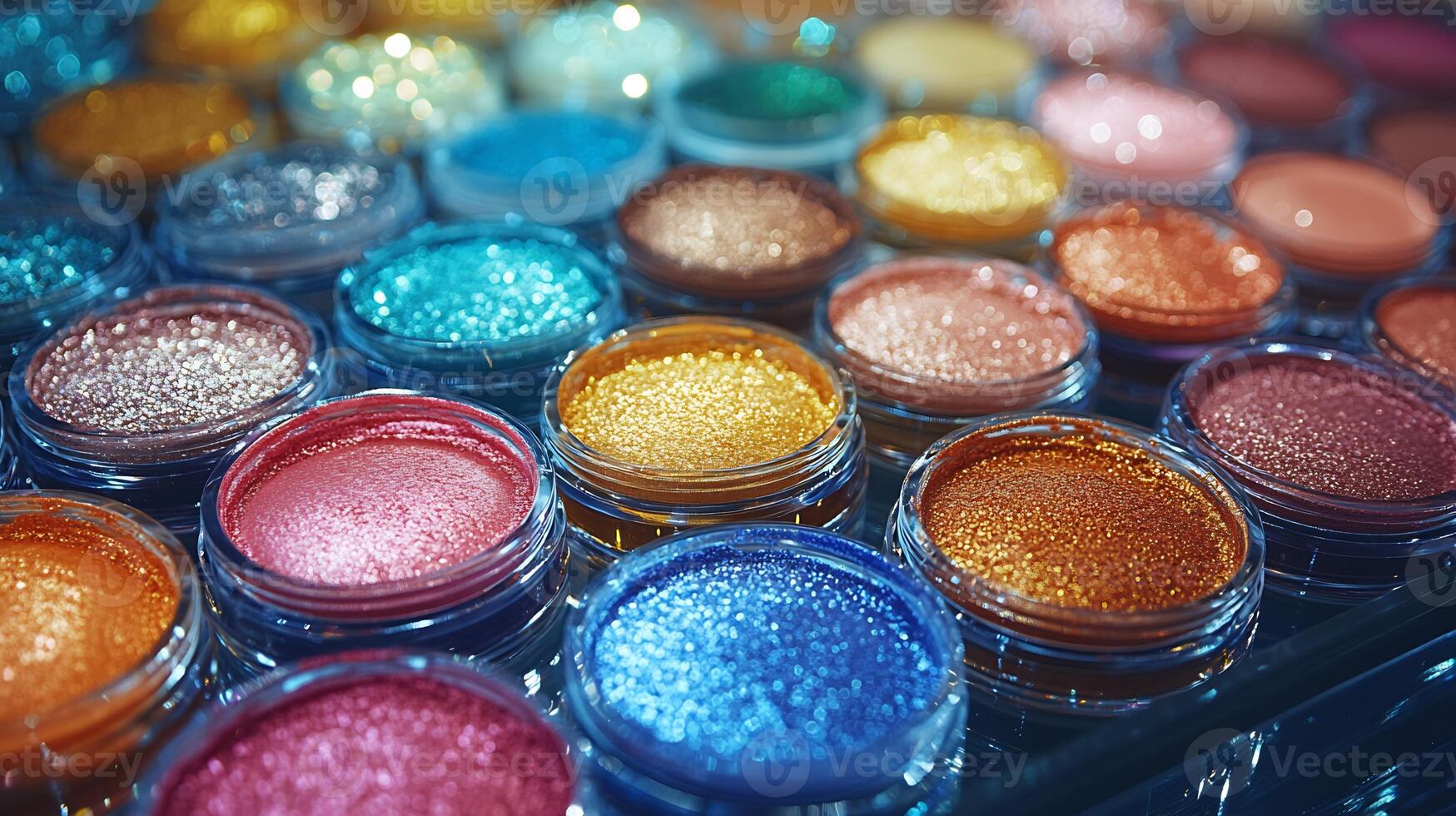 Radiant Makeup CloseUp Display Featuring Variety of Eyeshadow Pigments Soft Blush Powders Glowing Liquid Highlighters Arranged Beautifully Under Warm Lighting photo