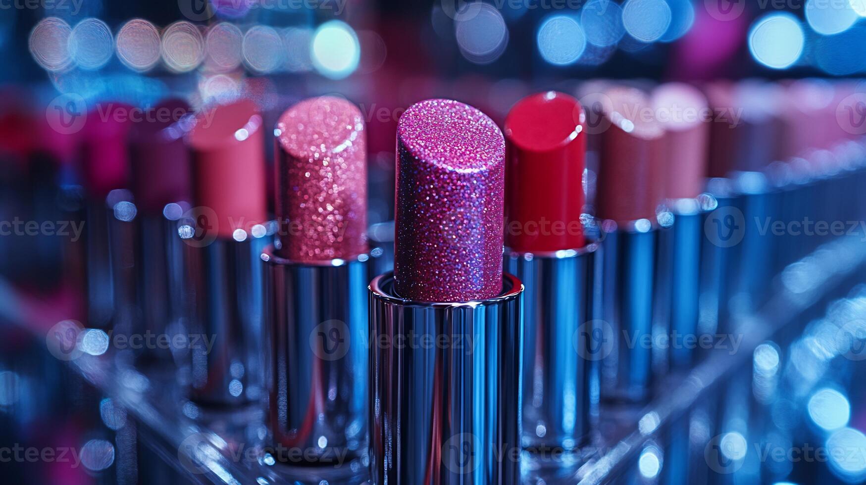 Bold Reflections CloseUp of Shiny Lipsticks Radiant Blushes Sleek Mirrors Emphasizing Shine with Dynamic Lighting photo