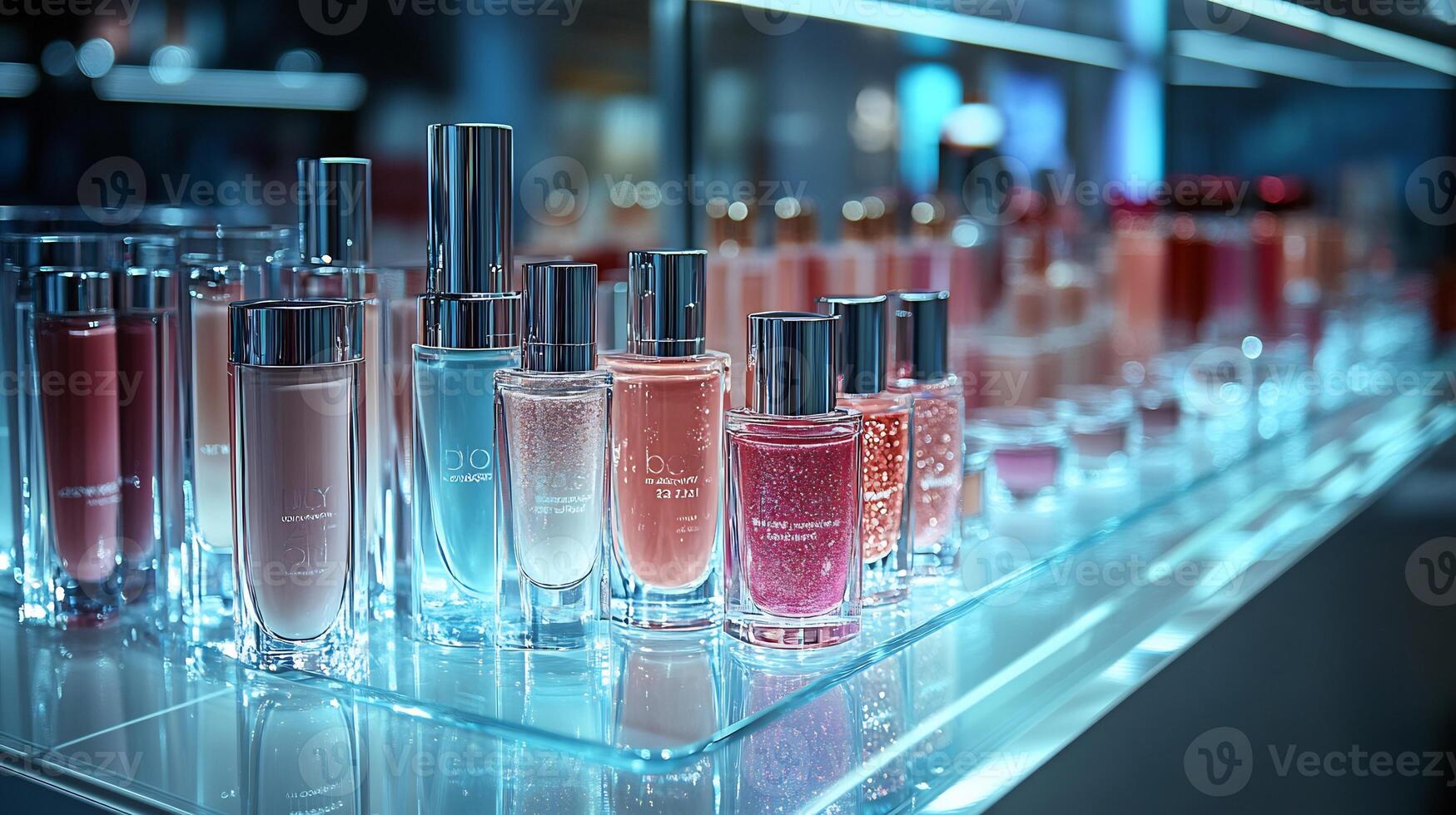 Luminous Collection Radiant Makeup Display Featuring Liquid Highlighters Glossy Lip Colors a Pristine Glass Platform Bathed in Soft Lighting photo