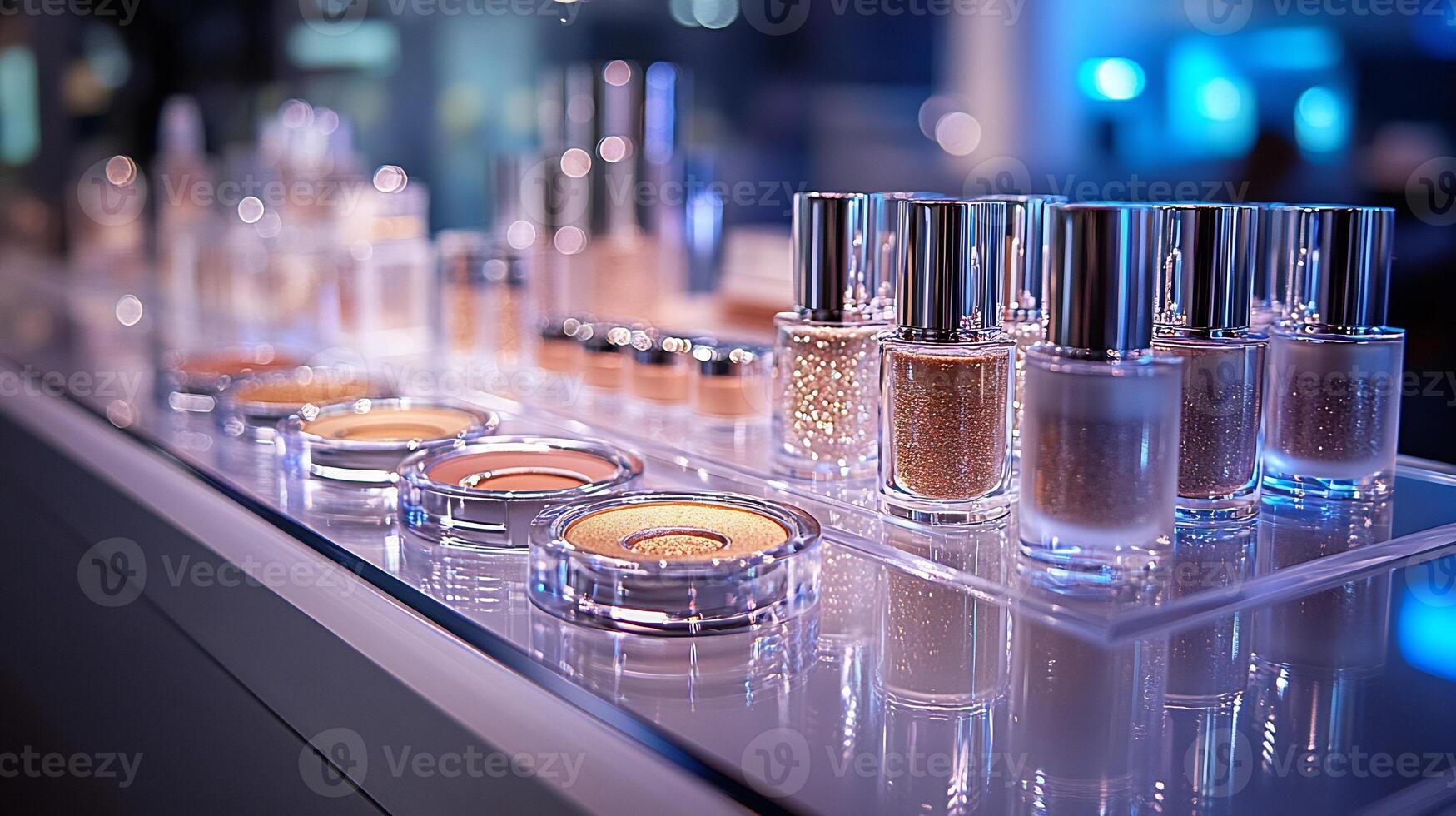 Luminous Collection Radiant Makeup Display Liquid Highlighters Glossy Lip Colors Neatly Arranged on a Pristine Glass Platform Under Soft Lighting photo