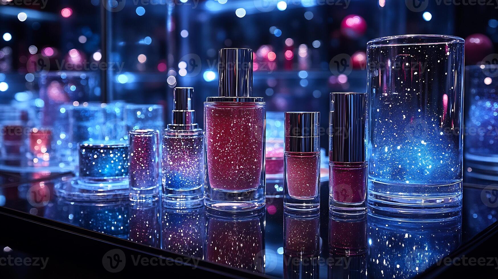 Celestial Elegance Galaxy Makeup Arrangement Featuring Shimmering Blues Purples a Reflective Black Mirror Base photo