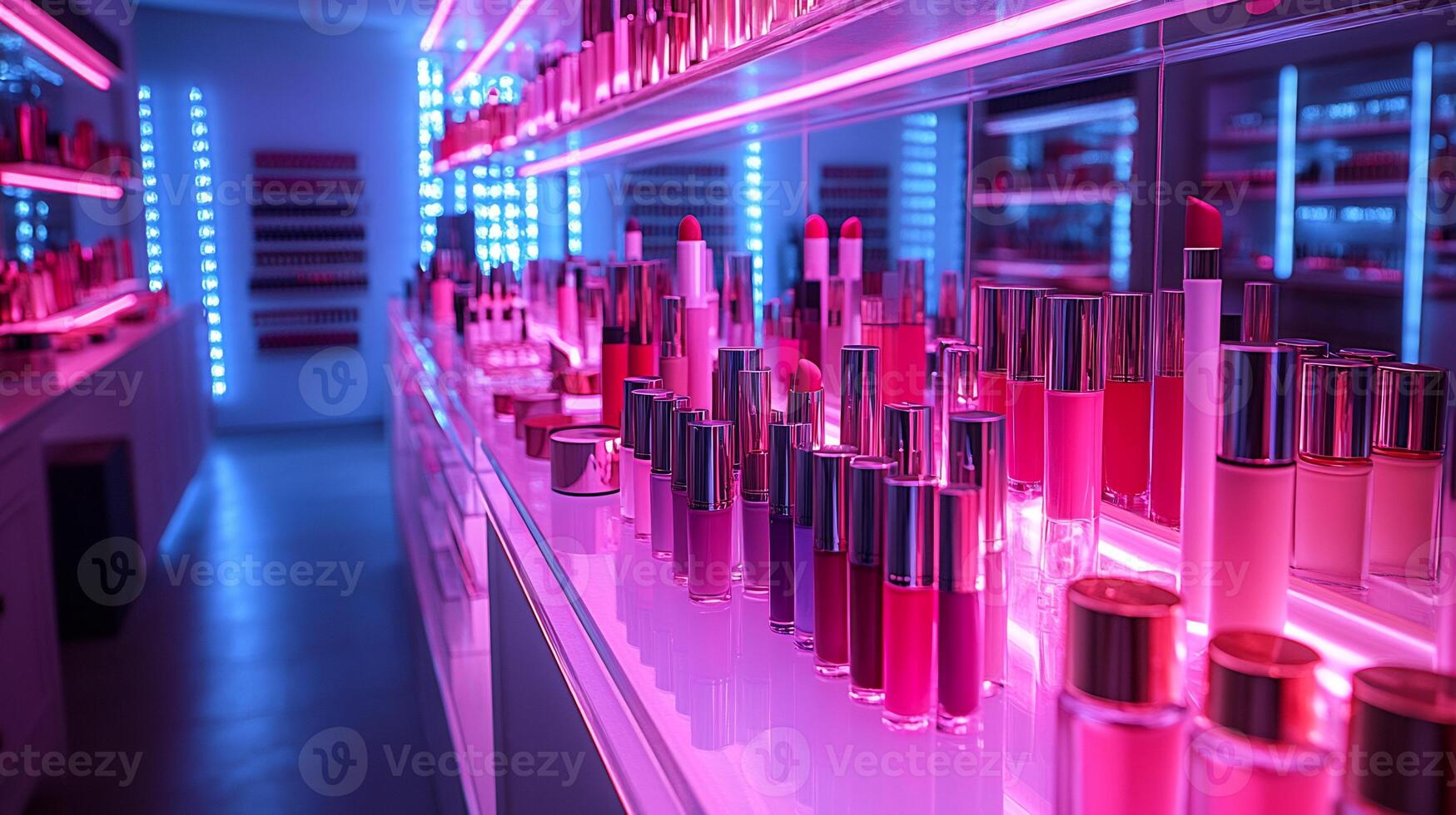 Makeup display neon lights bold electrichued lipsticks highshine lip glosses graphic eyeshadows placed on glowing shelves with vibrant neon lighting illuminating the products photo