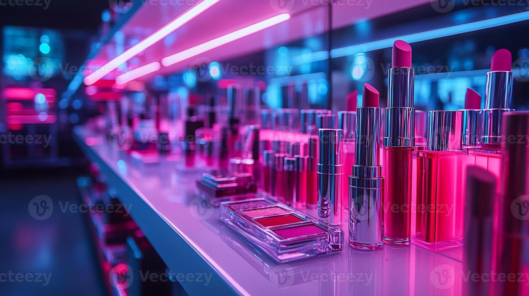 Electric Elegance Neon Makeup Display Featuring Vibrant Lipsticks Graphic Eyeshadows Glowing Shelves with Dazzling Lighting photo