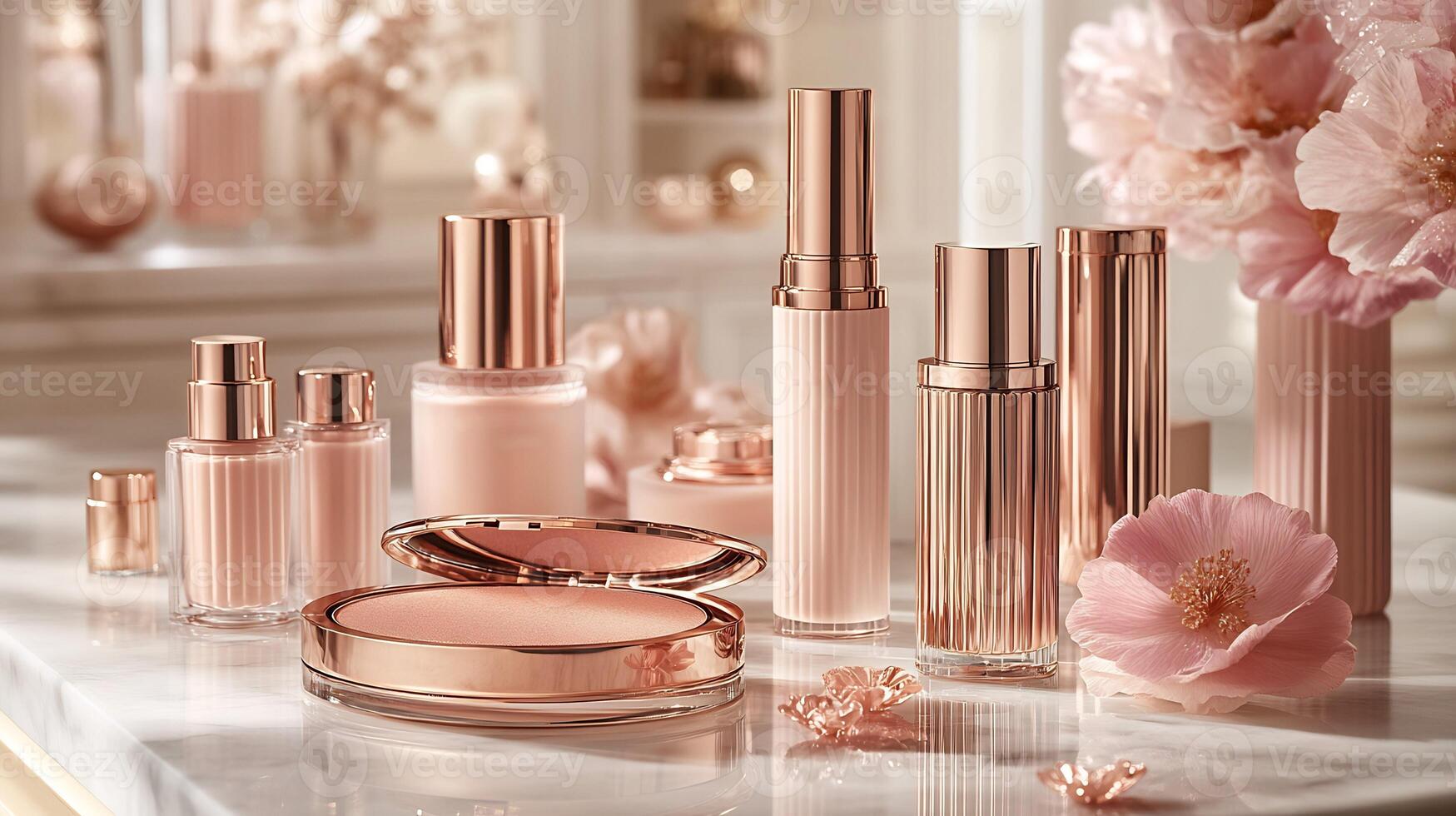 Makeup display luxurious rose gold theme featuring silky foundations soft pink blushes and highshine lip glosses elegantly placed on a marble counter with refined rose gold accents photo