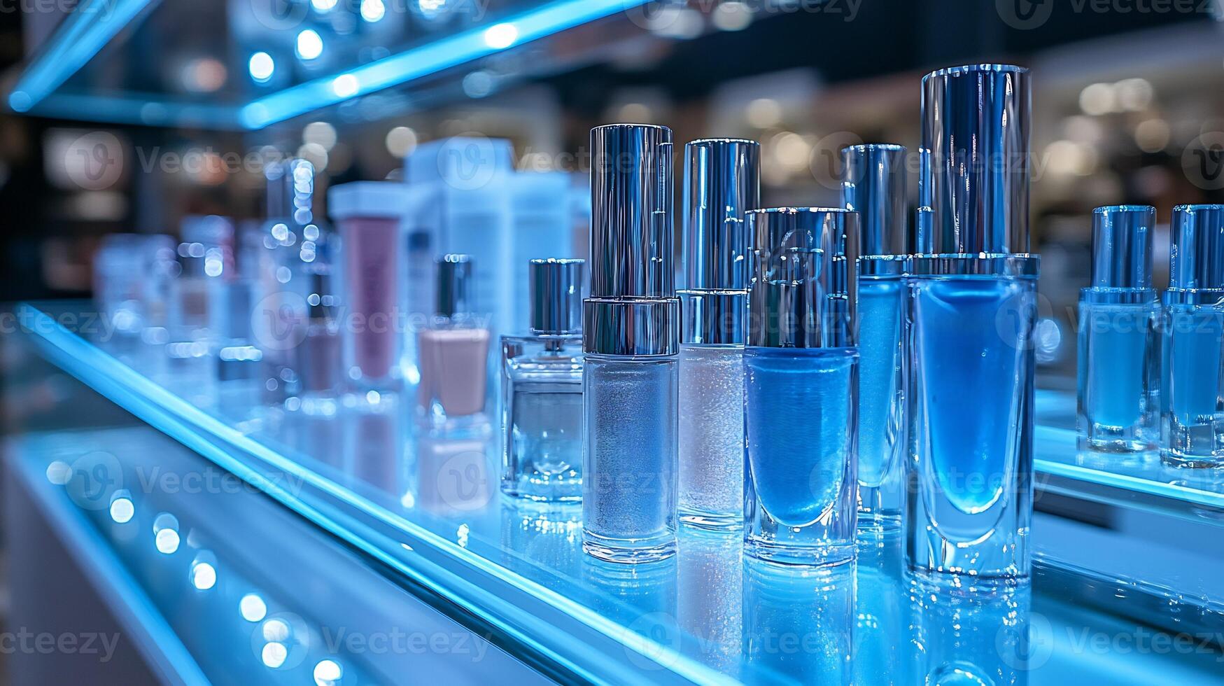 Chilly Toned Makeup Display Showcasing Shimmering Silver Eyeshadows Frosty Lip Glosses Translucent Highlighters Neatly Arranged a Glass Surface Under Diffused Blue Lighting photo