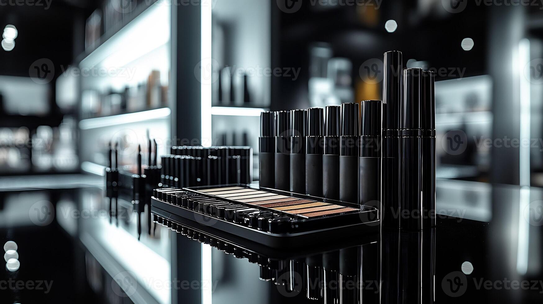 Minimalist beauty showcase featuring elegant blackandwhite packaging highlighting precision eyeliners creamy lip products all neatly organized a reflective surface under gentle lighting photo