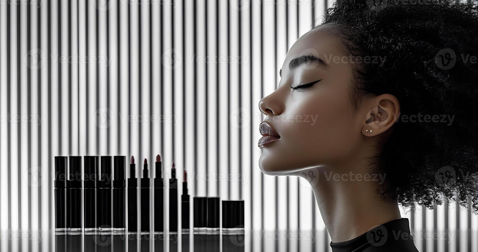 Refined Minimalism Chic Makeup Display Featuring Sleek BlackandWhite Packaging Highlighting Precision Eyeliners Creamy Lipsticks a Clean Setup photo