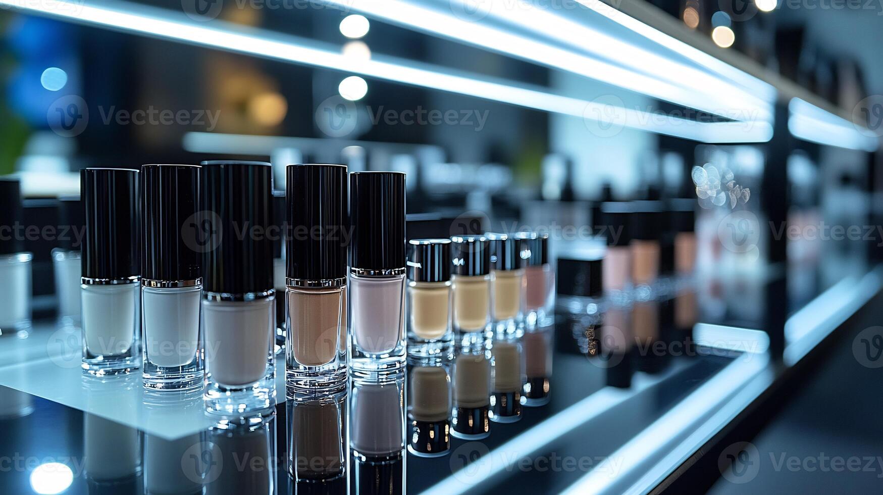 Minimalist Makeup display featuring sleek blackandwhite packaging showcasing precision eyeliners subtle highlighters creamy lipsticks arranged neatly a reflective surface under soft lighting photo