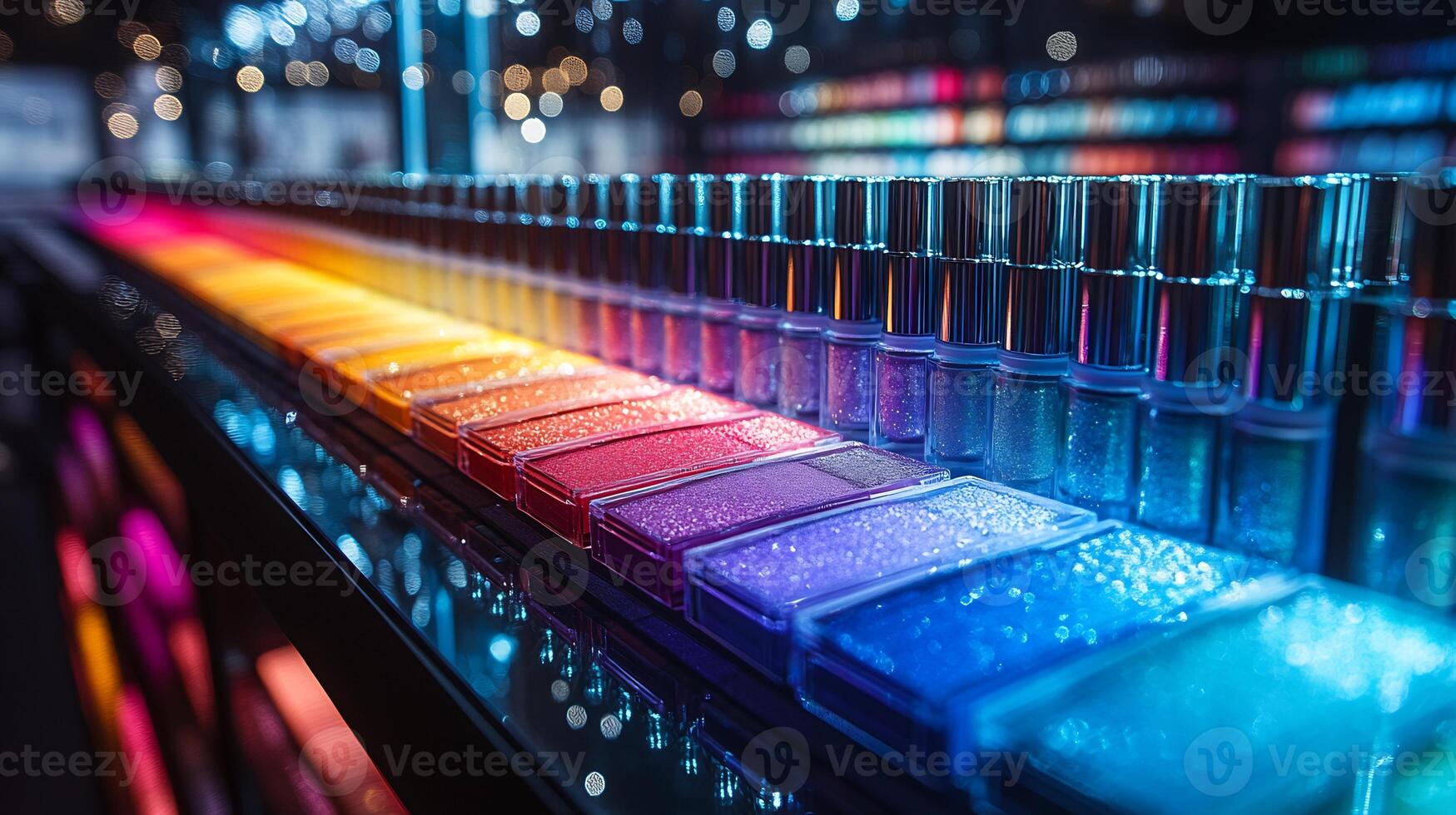 Vibrant modern makeup display showcasing colorful palettes lipsticks sleek glass shelves Makeup display of vibrant hues arranged in elegant lighting to emphasize each product's detail photo