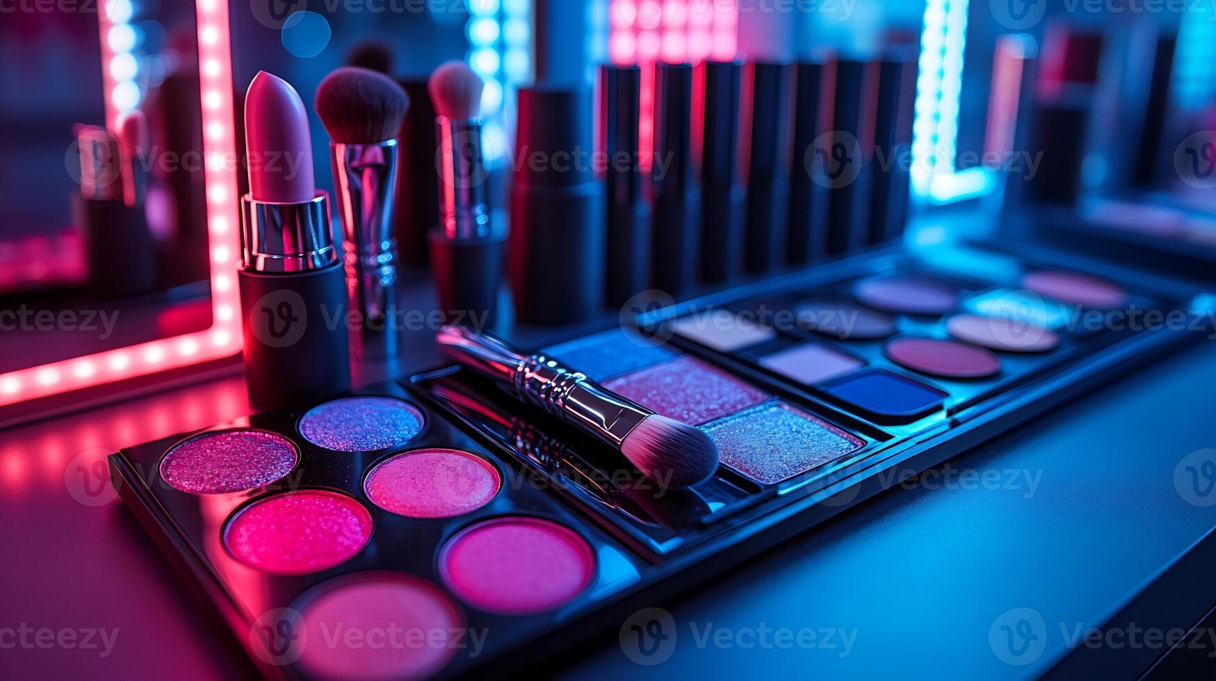 Neon Geometry Artistic Makeup Display Bold Neon Colors Arranged EyeCatching Patterns Captivating Attention Under Dynamic Lighting photo