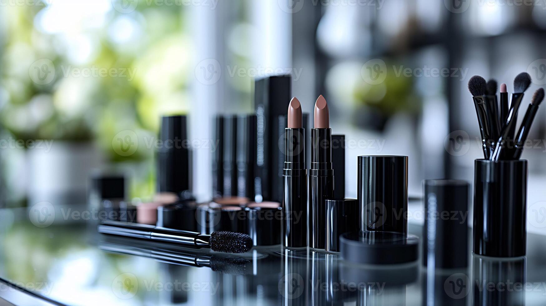 Monochrome Muse Minimalist Black White Makeup Display Featuring Sleek Products Neatly Organized a Glass Table Perfectly Lit for Dramatic Effect photo