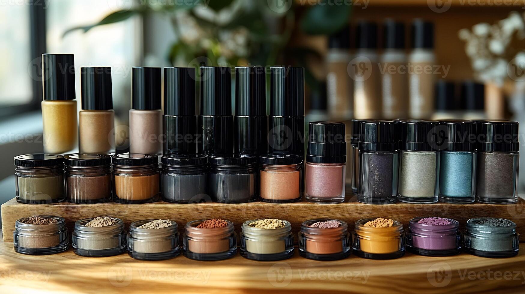 Minimalist makeup display neutral tones range of beauty products organized on wooden stands Makeup display featuring closeup of matte lipsticks and pastel eyeshadows in perfect symmetry photo