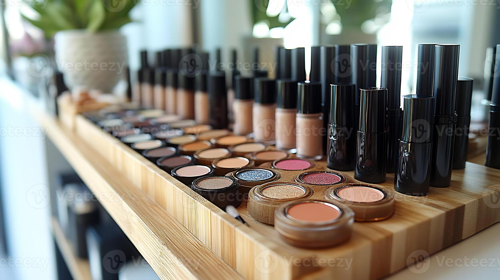 Streamlined makeup presentation neutral color palette beauty products organized ecofriendly wooden displays showcasing closeups of creamy lipsticks softly blended eyeshadows in a harmonious layout photo