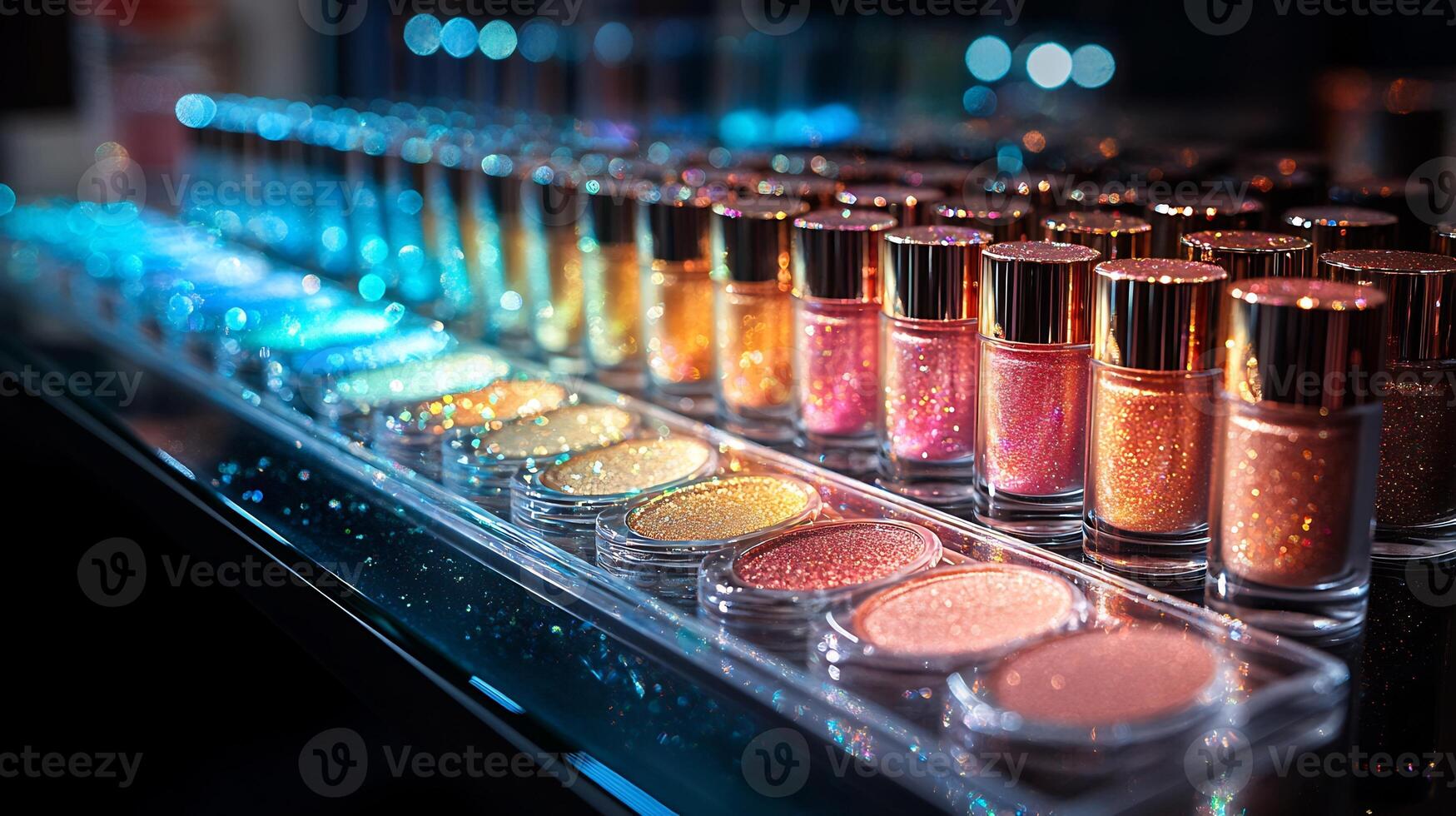 Modern makeup display holographic elements iridescent beauty products arranged sleek silver trays Makeup closeup display of glowing compacts and shimmering lipsticks photo