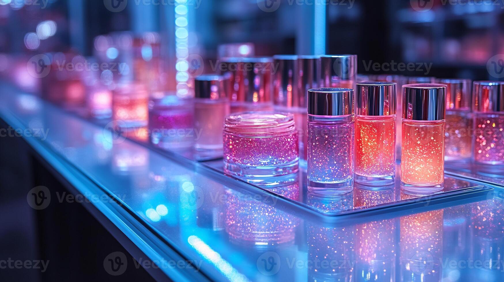 Modern Iridescence Futuristic Makeup Display Holographic Elements Shimmering Beauty Products on Sleek Silver Trays Capturing Light Perfectly photo
