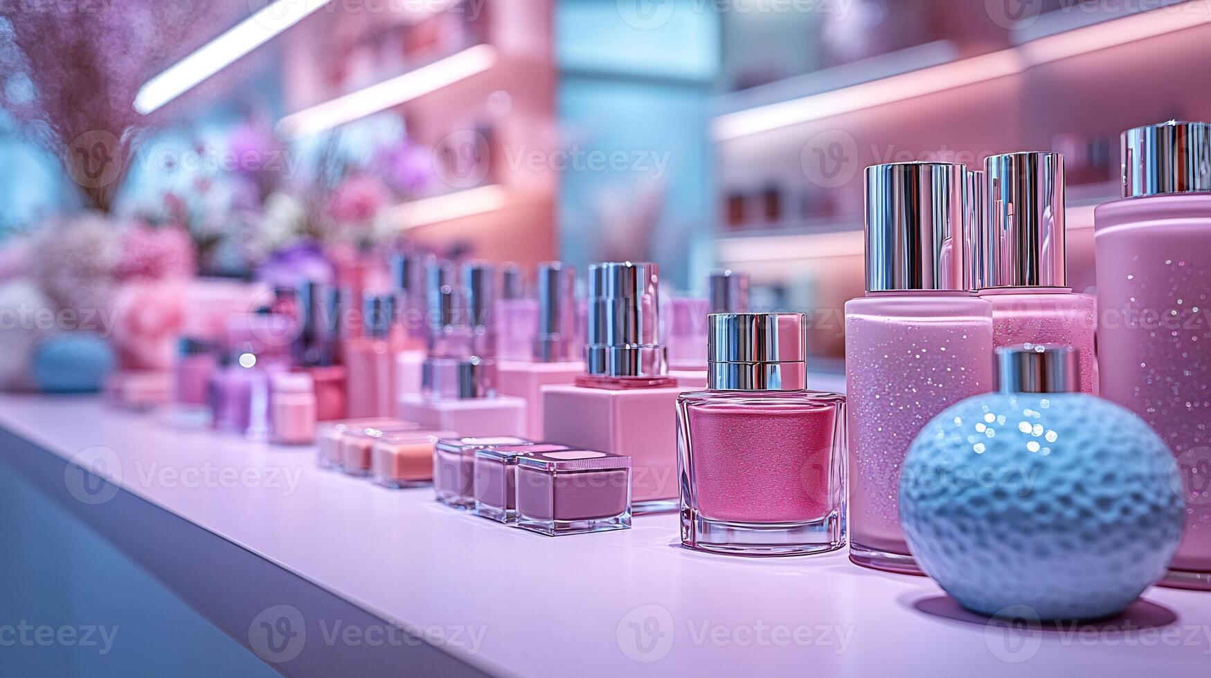 Pastelthemed makeup display soft pinks blues lavenders illuminating variety of beauty products in clean lines Makeup closeup display of blushes lip gloss and eye palettes photo