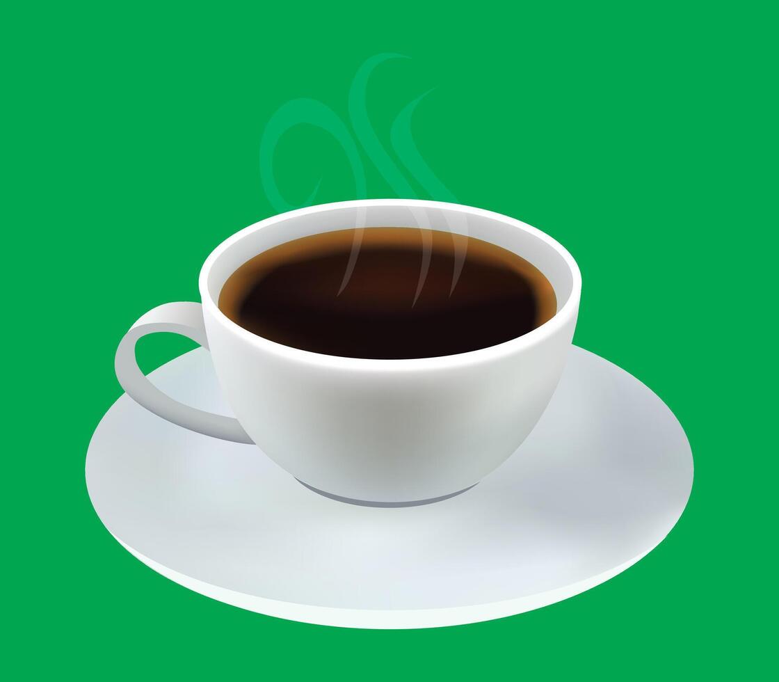A steaming cup of coffee on a white saucer, isolated on a green screen vector