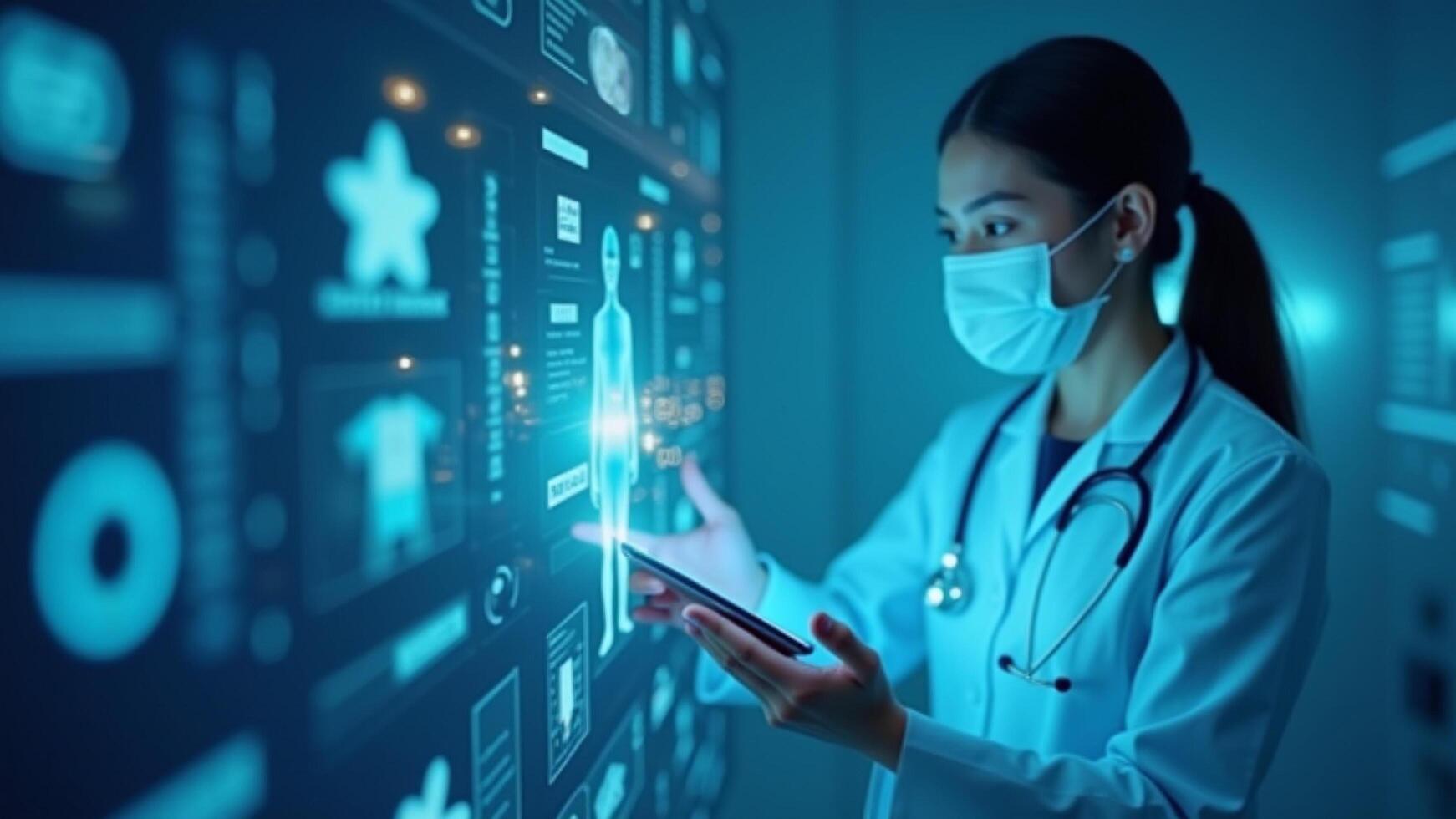 Doctor Touching Virtual Screen with Digital Medical Record and DNA Data photo