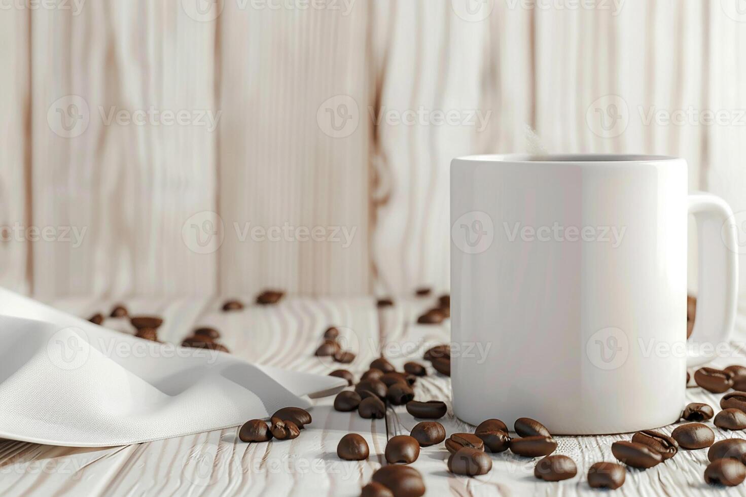 Advertising white coffee cup mockup with coffee beans, light wooden background, 3D render photo