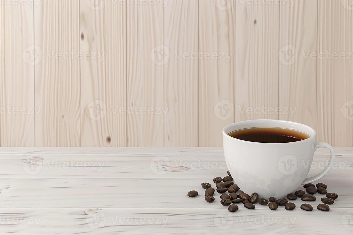 White mockup coffee cup with coffee beans on light wooden background, 3D render photo