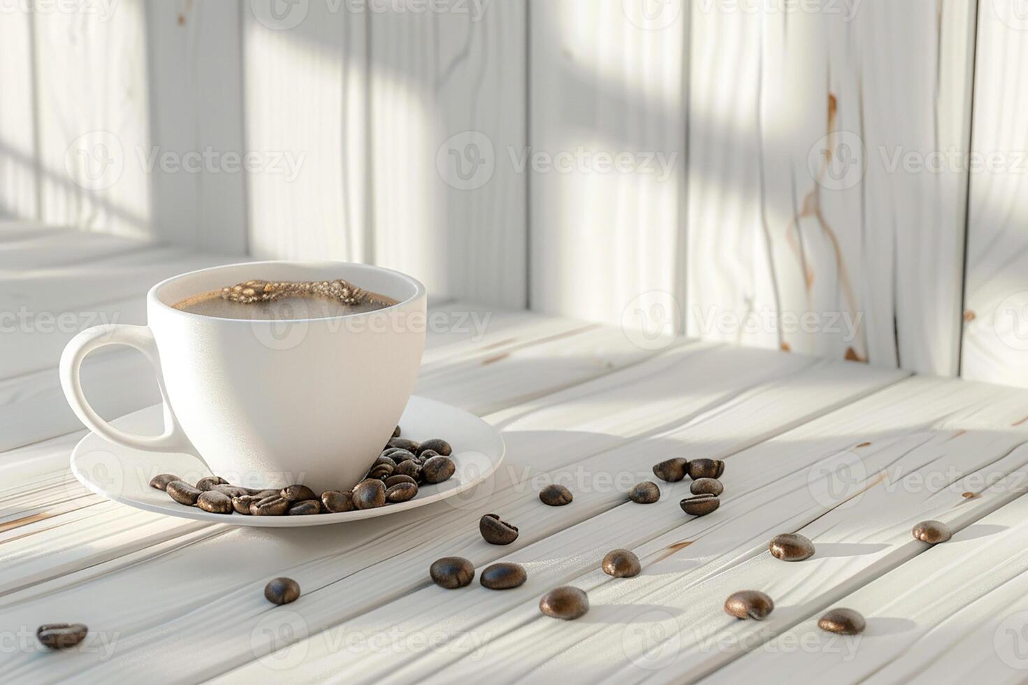 White mockup coffee cup with coffee beans on light wooden background, ad, 3D render photo
