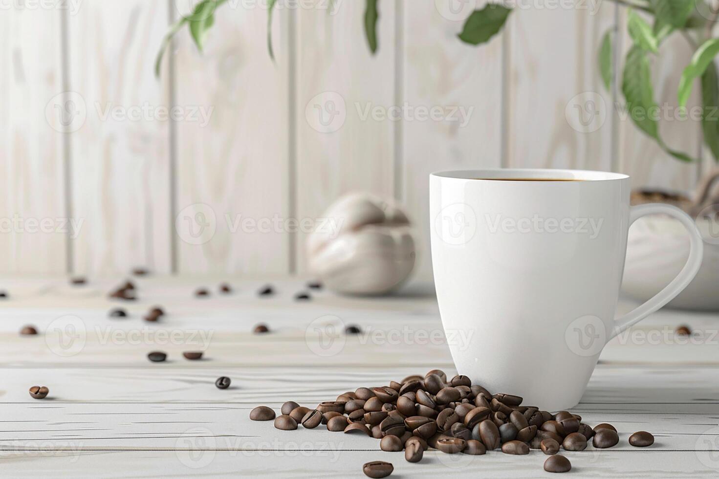 Advertising white coffee cup mockup with coffee beans, light wooden background, 3D render photo